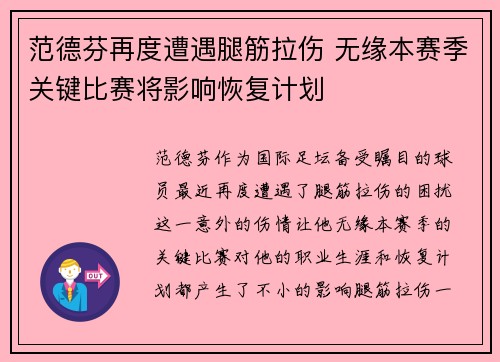 范德芬再度遭遇腿筋拉伤 无缘本赛季关键比赛将影响恢复计划